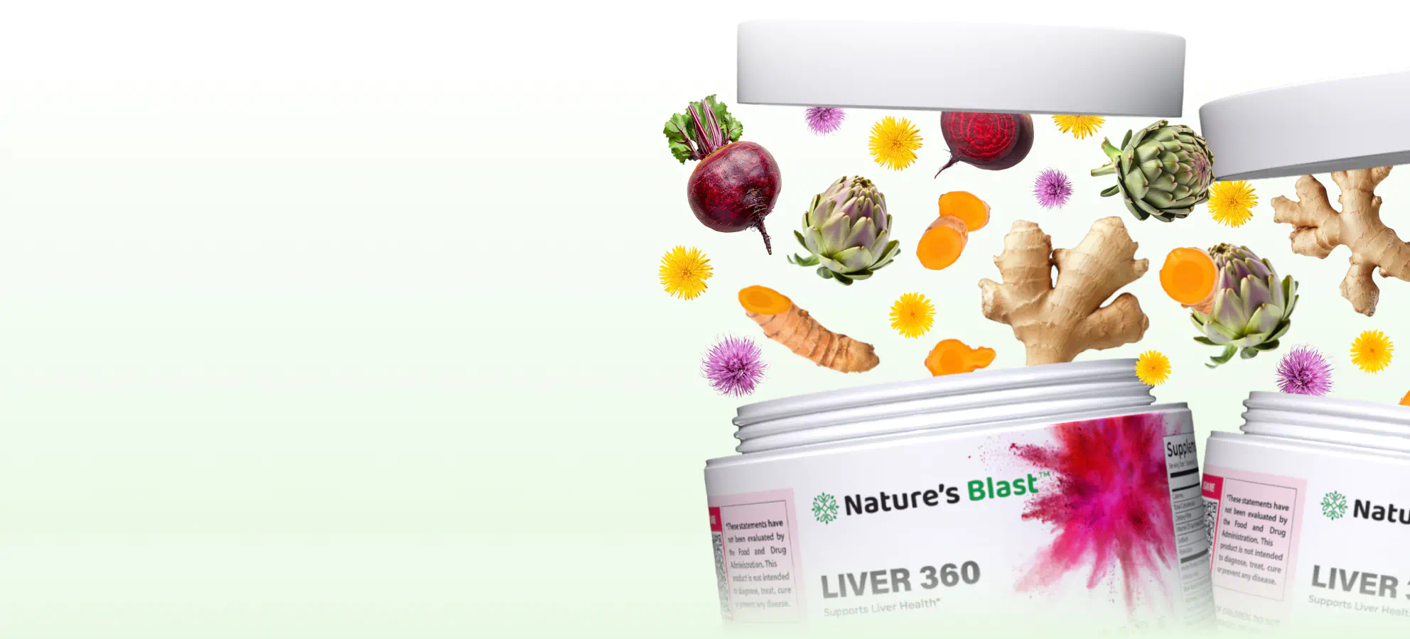 Open jars of liver detox supplements with ginger, turmeric, beets, and herbs floating above.