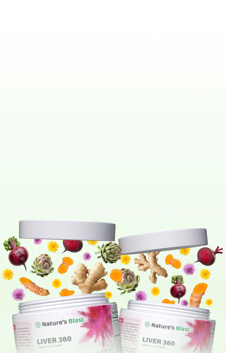 Open jars of liver detox supplements with ginger, turmeric, beets, and herbs floating above.