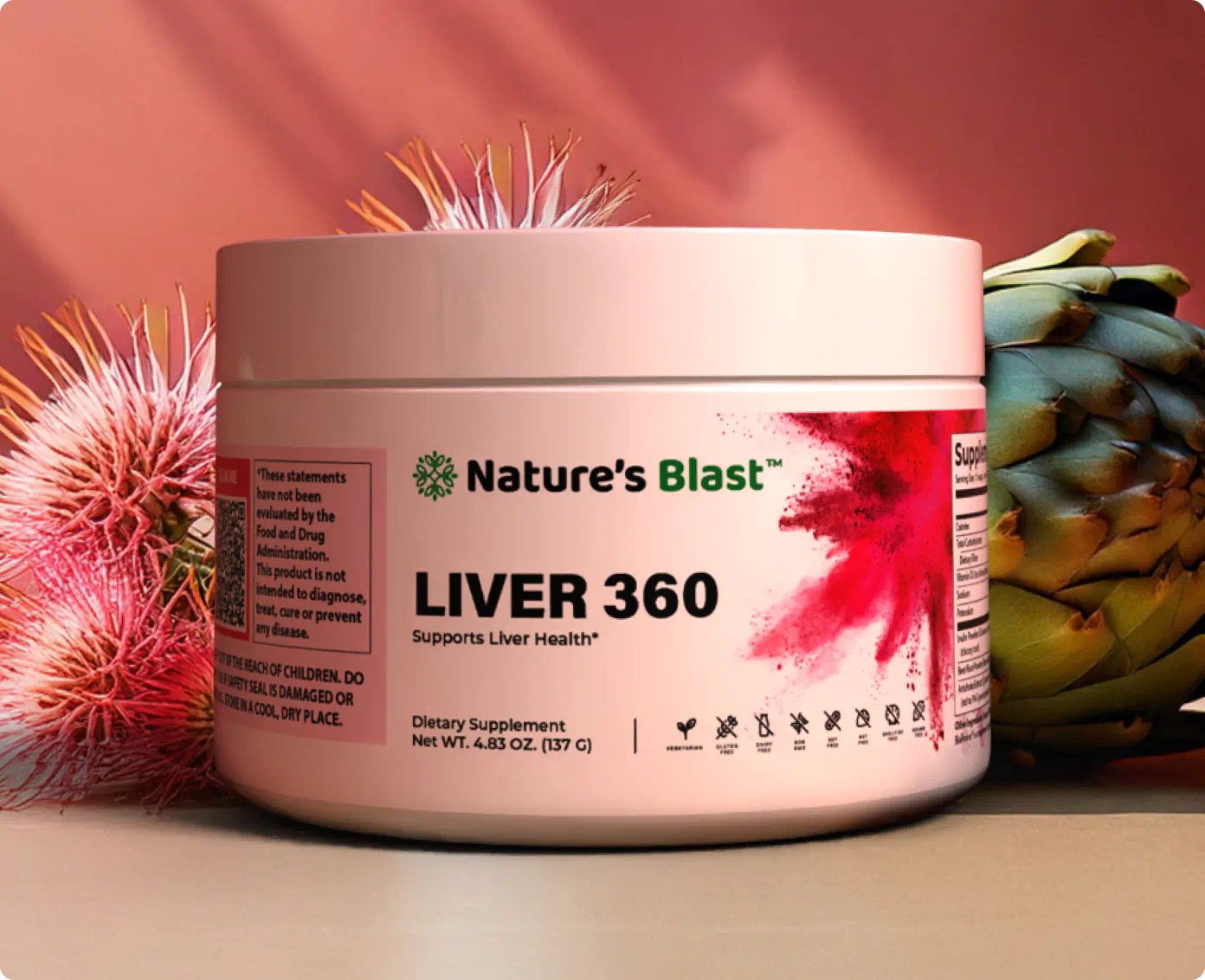 Nature's Blast liver detox supplement Liver 360 jar with natural detox ingredients in background.