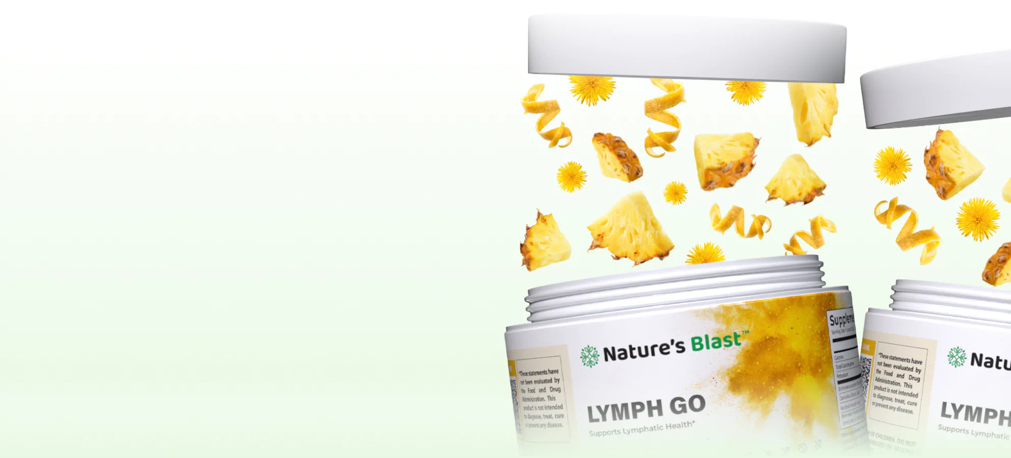 Open jars of lymphatic drainage supplements with pineapple, dandelion and