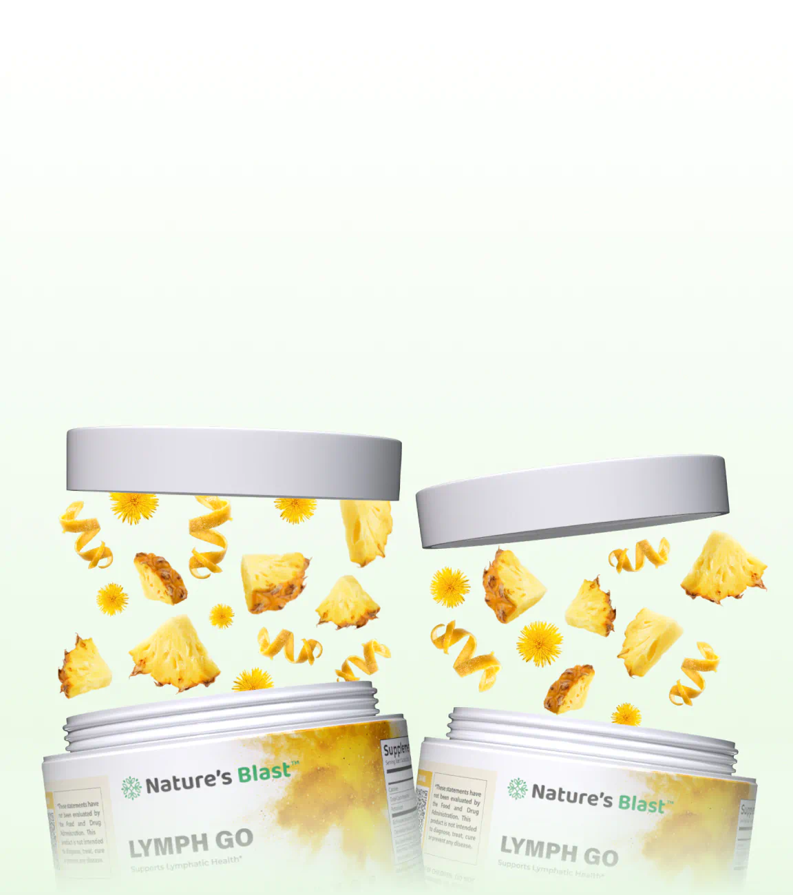 Open jars of lymphatic drainage supplements with pineapple, dandelion and