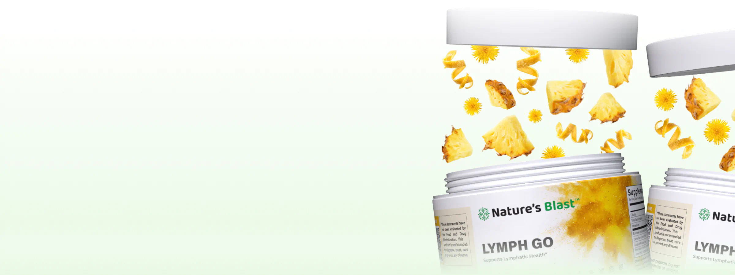 Open jars of lymphatic drainage supplements with pineapple, dandelion and
