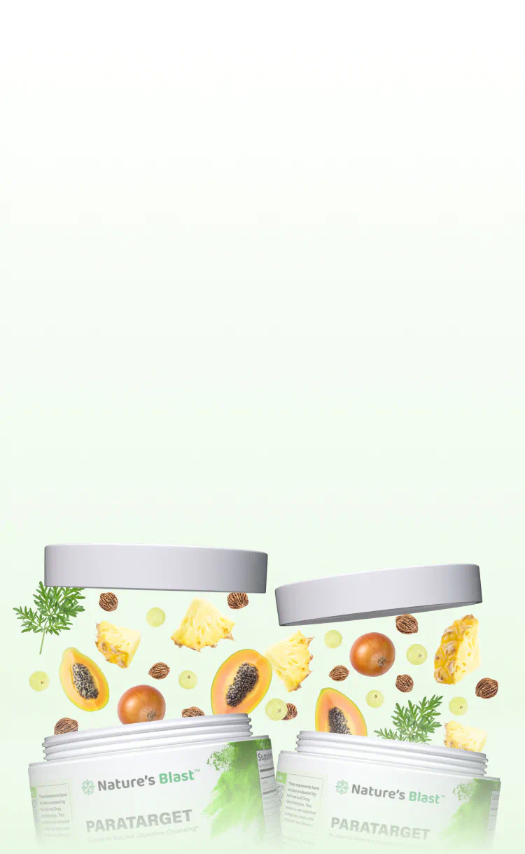 Open jars of parasite detox supplements with fruit and herbs floating above.