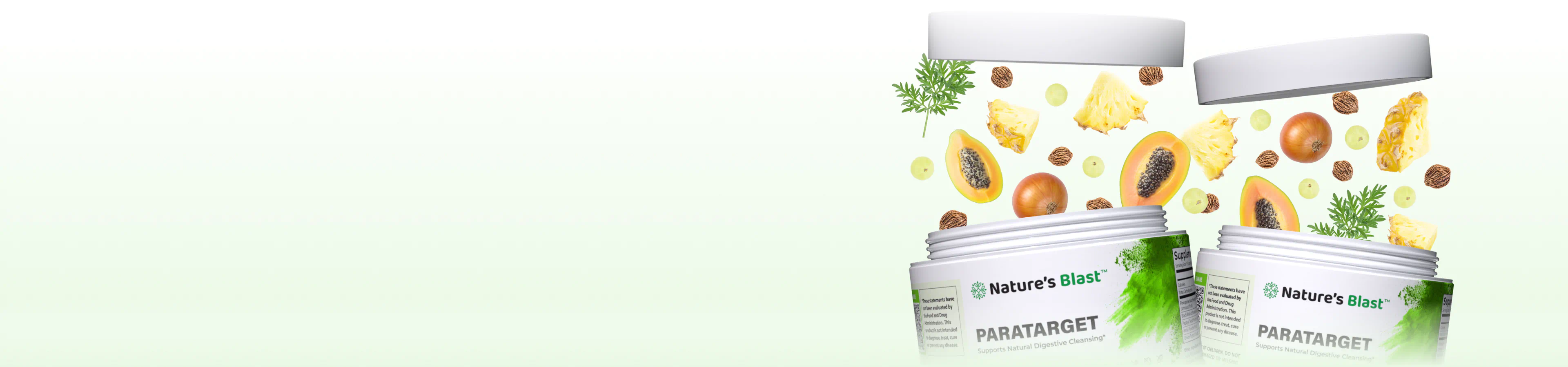 Open jars of parasite detox supplements with fruit and herbs floating above.